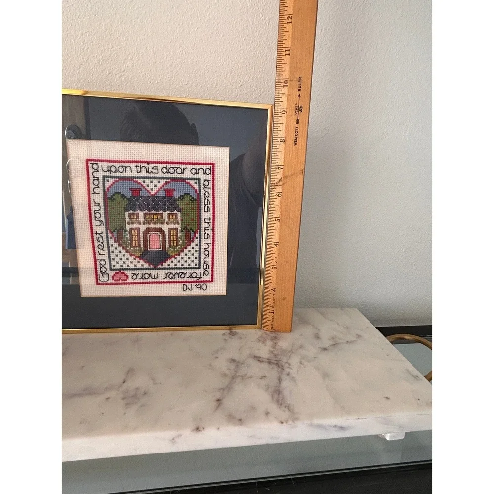 Vintage 1990 Handmade Cross Stitch Framed Wall Art House Blessing Gold Nielsen